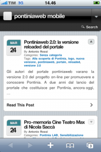 Screenshot di una pagina della versione mobile di pontiniaweb
